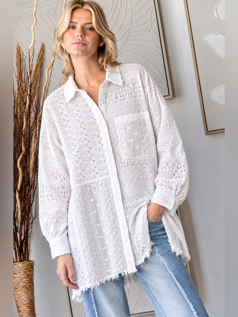 Oli & Hali White Eyelet Button-Front Tunic Oversized Top